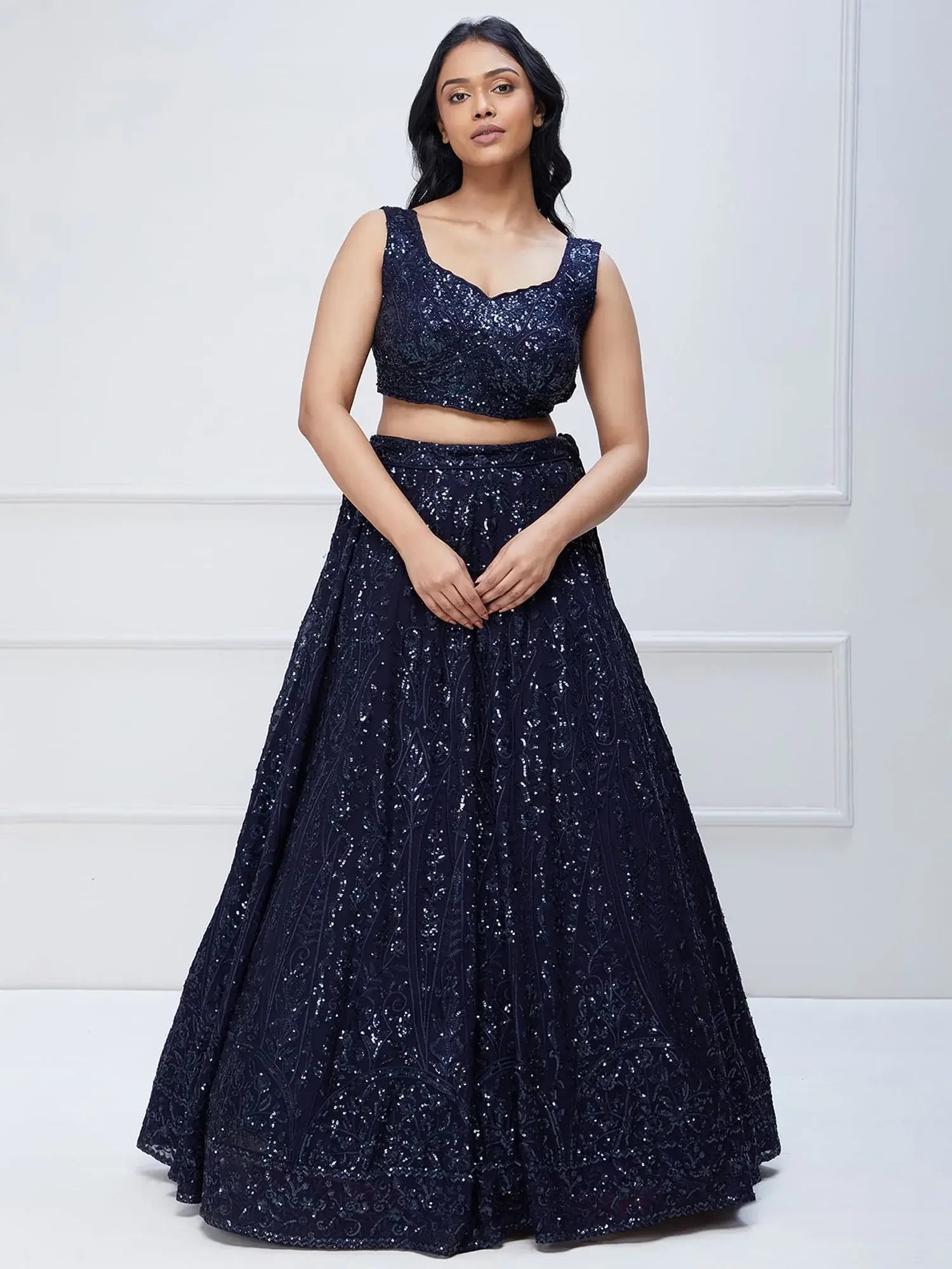 Lovely Navy Blue Sequins Georgette Engagement Wear Lehenga Choli - Zeel Clothing