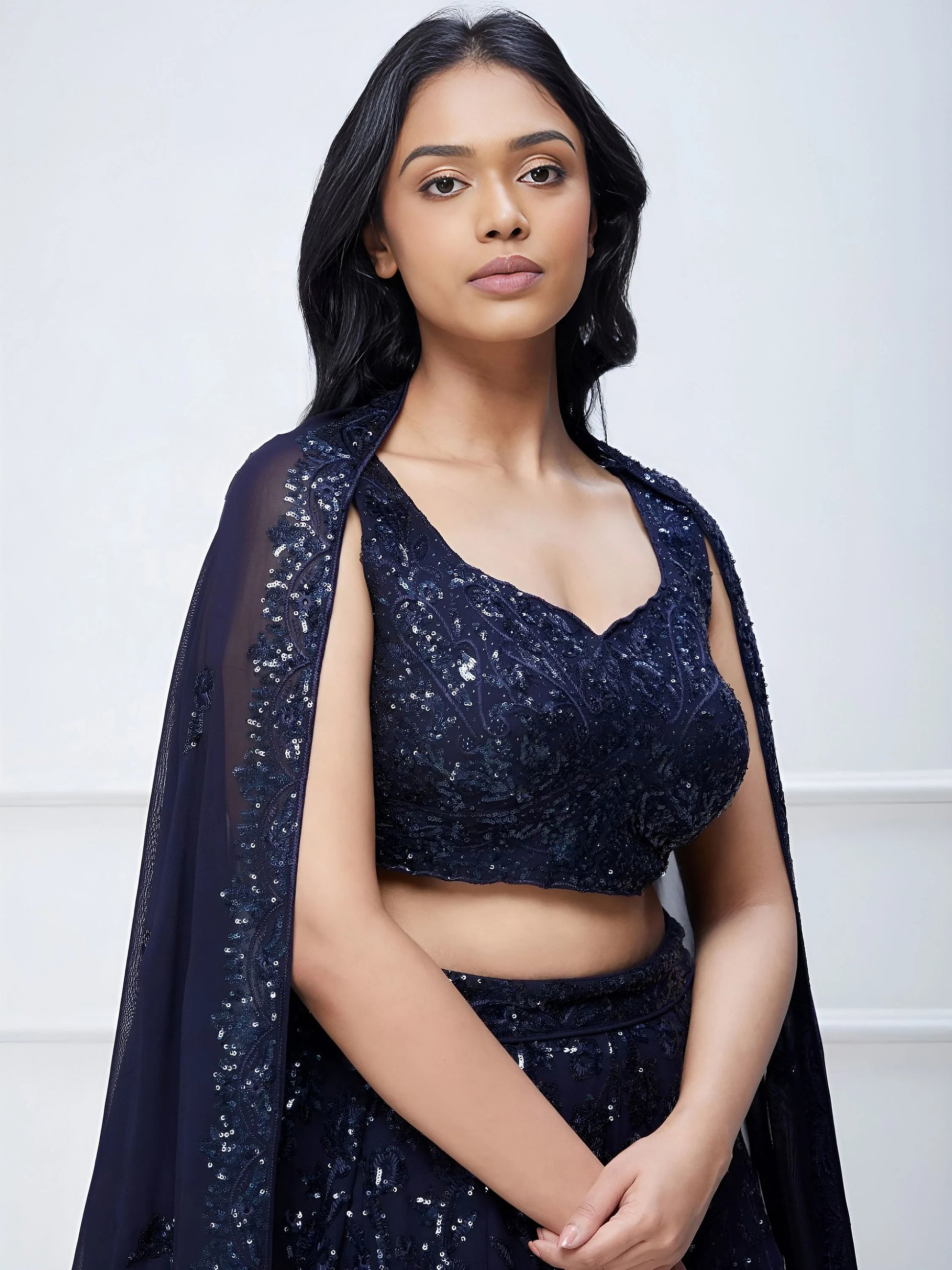 Lovely Navy Blue Sequins Georgette Engagement Wear Lehenga Choli