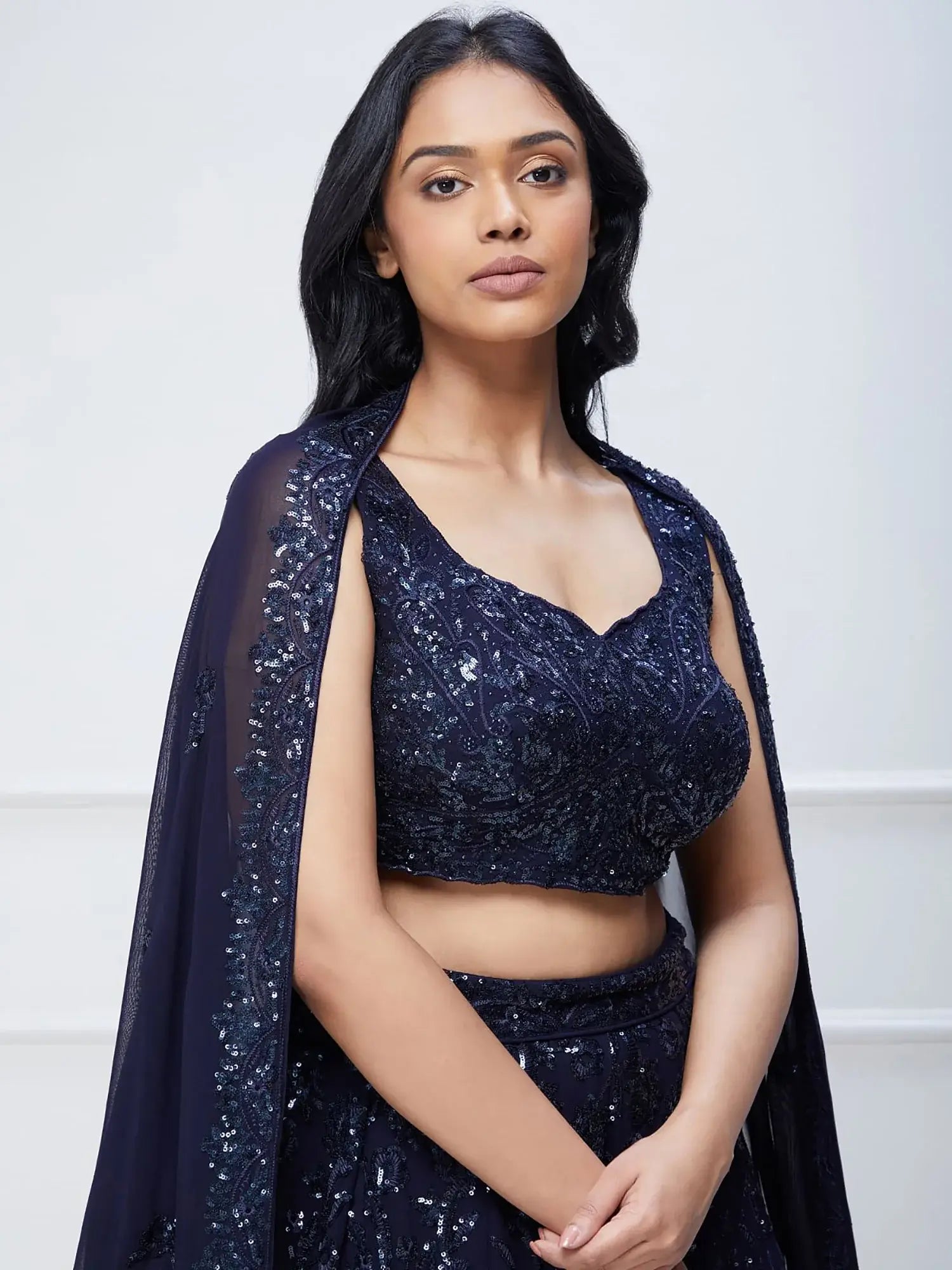 Lovely Navy Blue Sequins Georgette Engagement Wear Lehenga Choli - Zeel Clothing