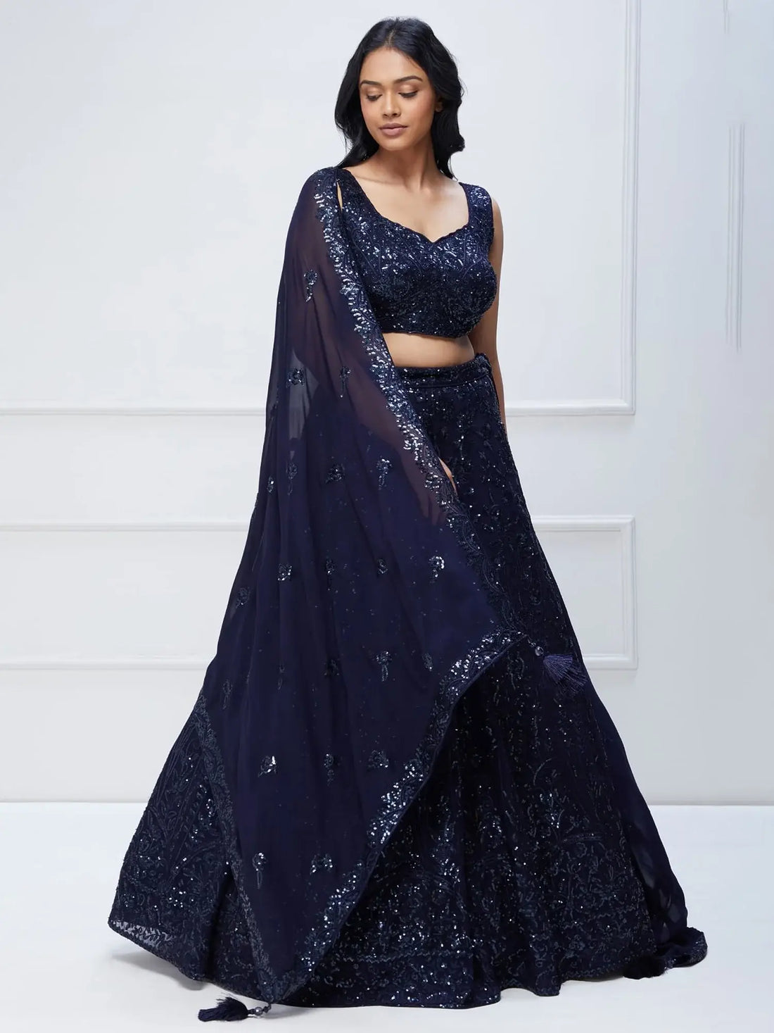 Lovely Navy Blue Sequins Georgette Engagement Wear Lehenga Choli - Zeel Clothing