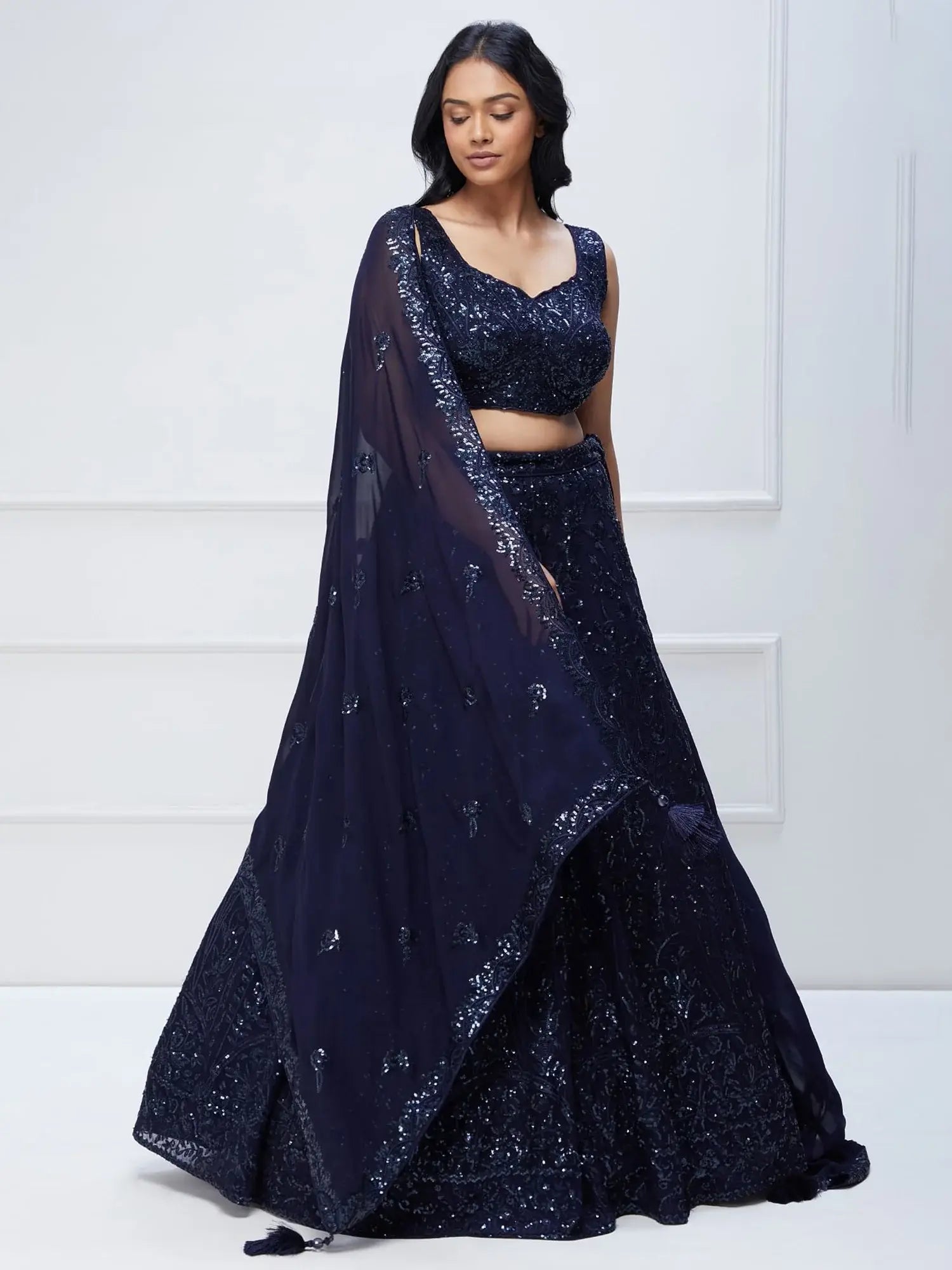 Lovely Navy Blue Sequins Georgette Engagement Wear Lehenga Choli - Zeel Clothing