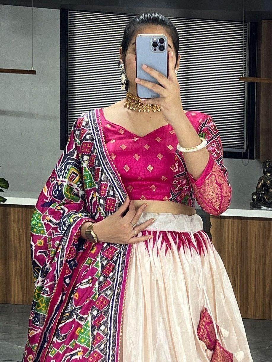 Lovely Off-White & Pink Patola Print Silk Festive Wear Lehenga Choli - Zeel Clothing