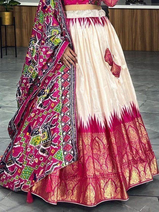 Lovely Off-White & Pink Patola Print Silk Festive Wear Lehenga Choli - Zeel Clothing