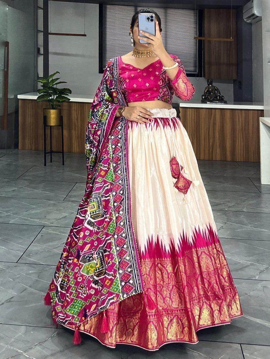Lovely Off-White & Pink Patola Print Silk Festive Wear Lehenga Choli - Zeel Clothing