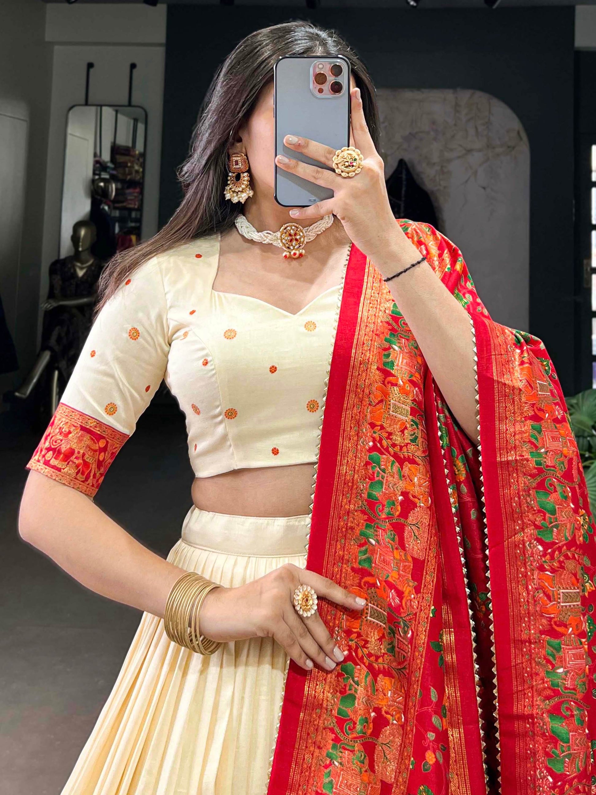 Lovely Off-White Digital Printed Tussar Silk Festival Wear Lehenga Choli - Zeel Clothing
