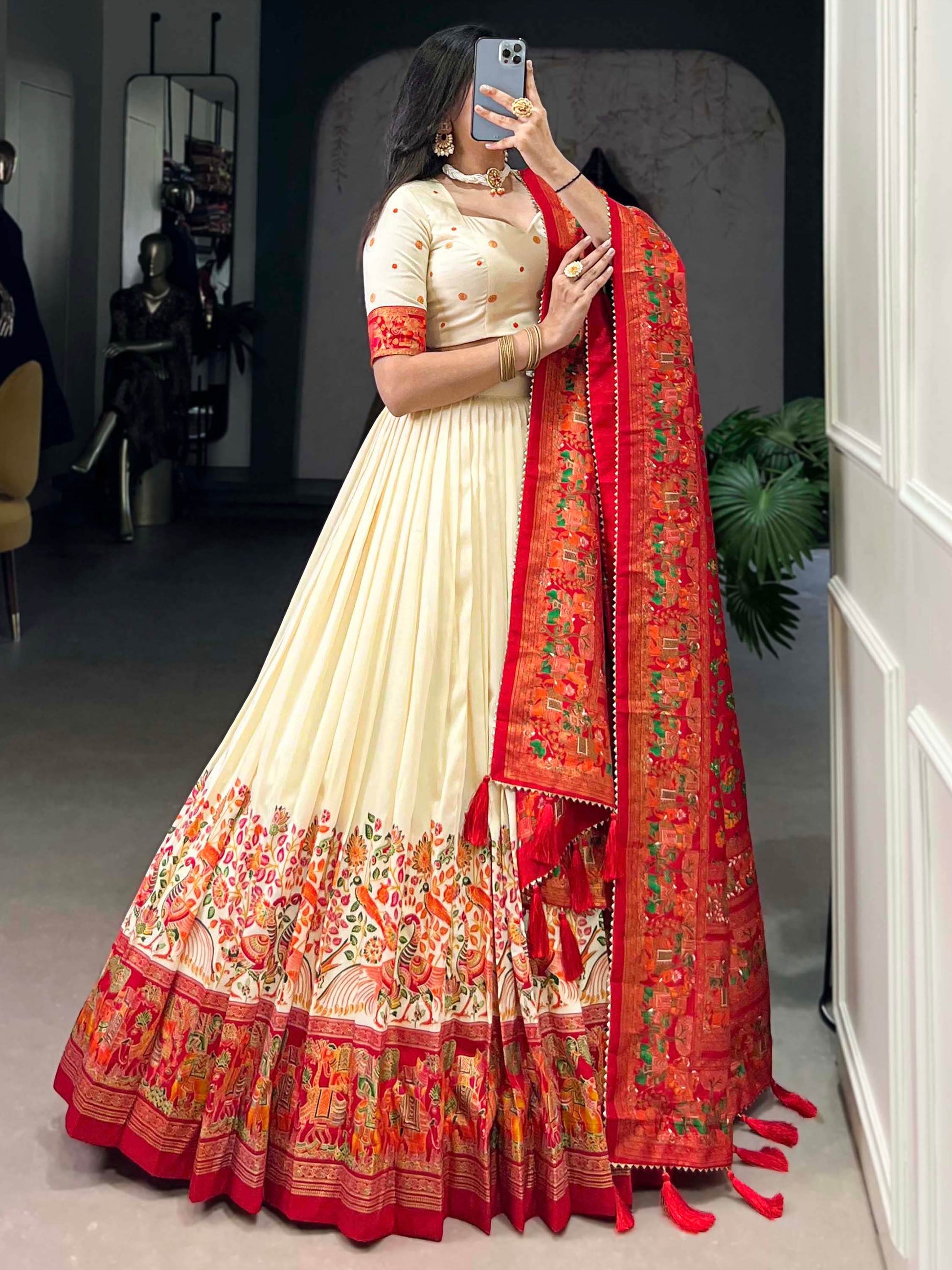 Lovely Off-White Digital Printed Tussar Silk Festival Wear Lehenga Choli - Zeel Clothing