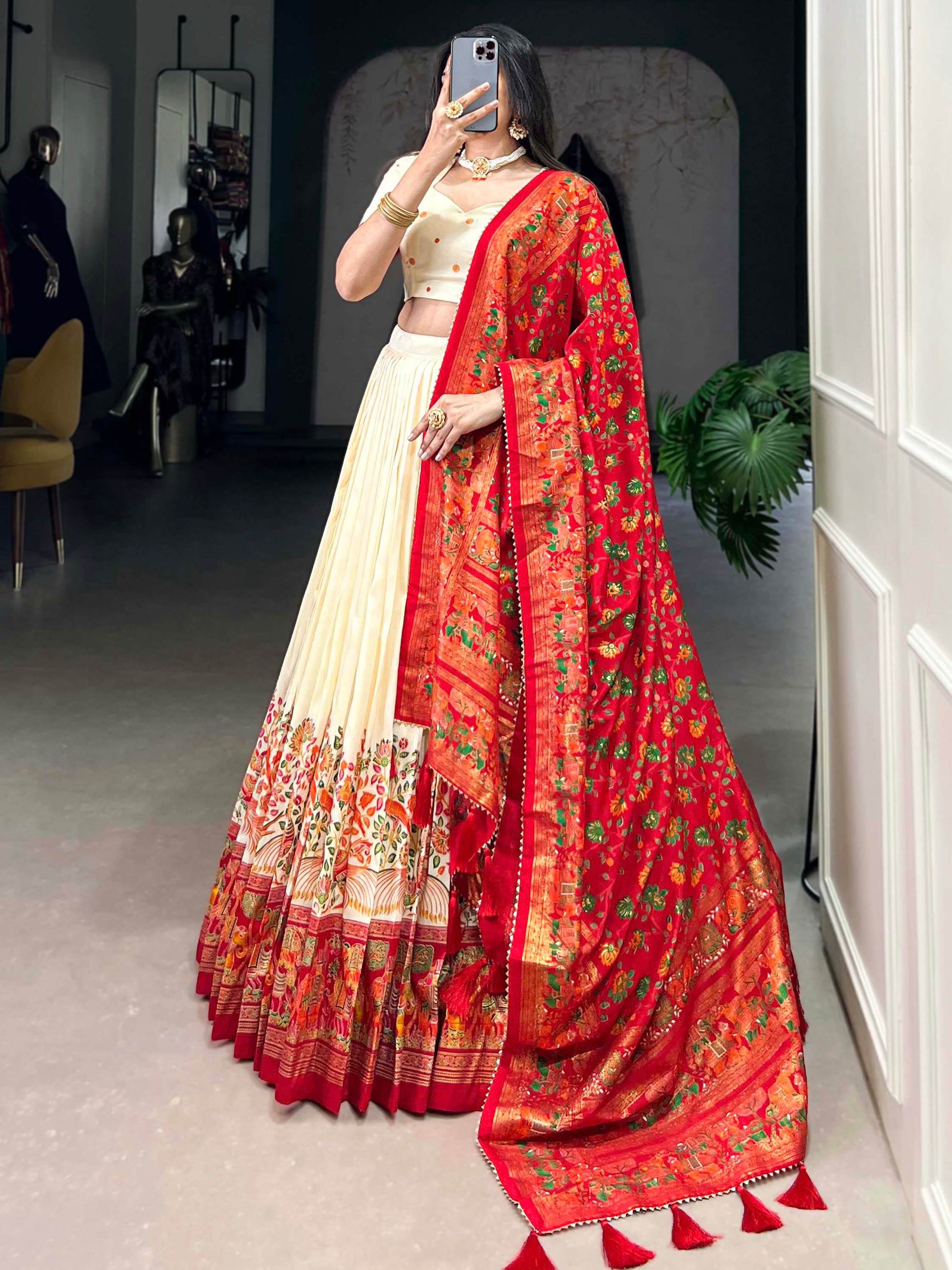 Lovely Off-White Digital Printed Tussar Silk Festival Wear Lehenga Choli - Zeel Clothing