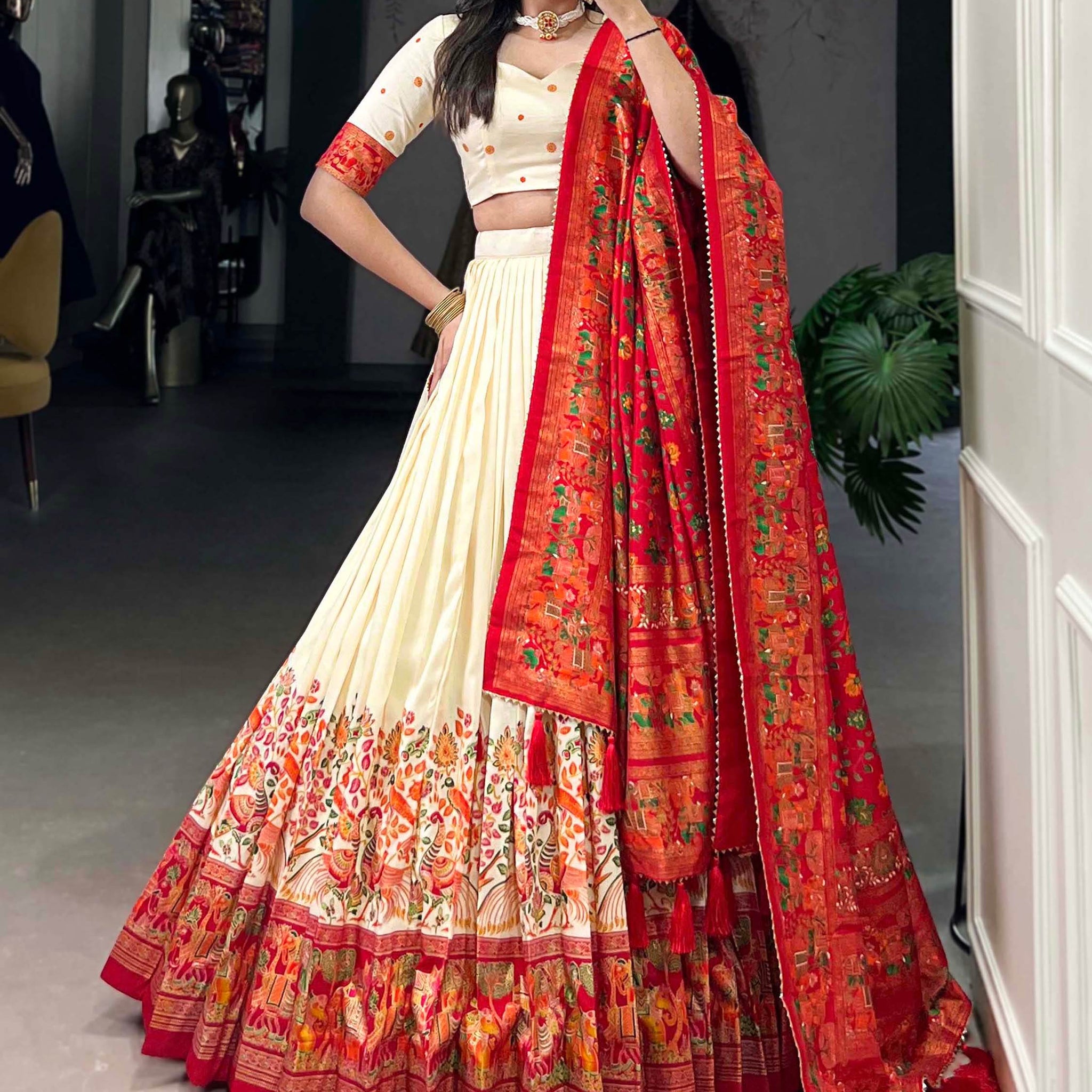 Lovely Off-White Digital Printed Tussar Silk Festival Wear Lehenga Choli - Zeel Clothing