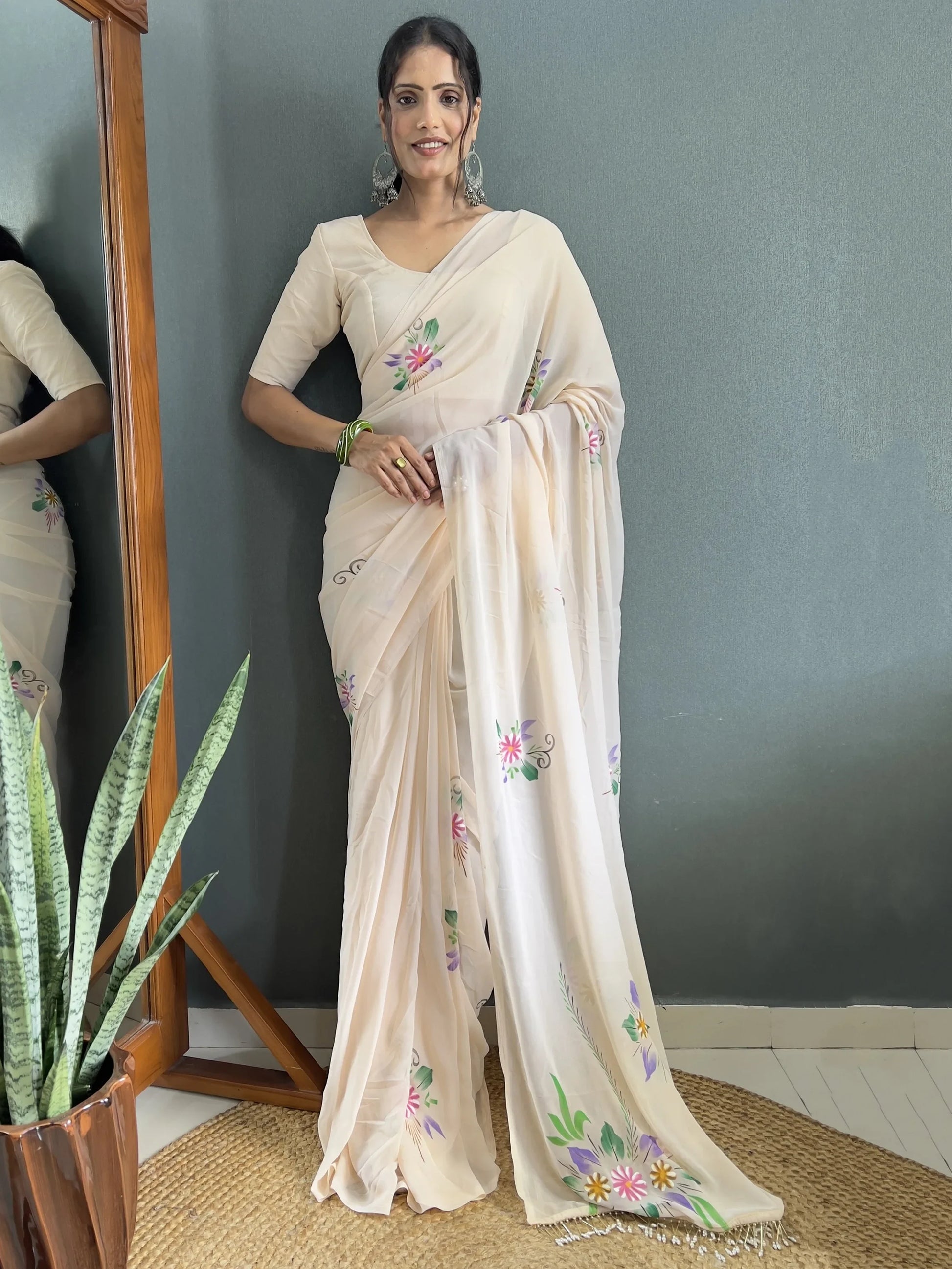 Lovely Off-White Floral Print Georgette Festival Wear Saree With Blouse - Zeel Clothing