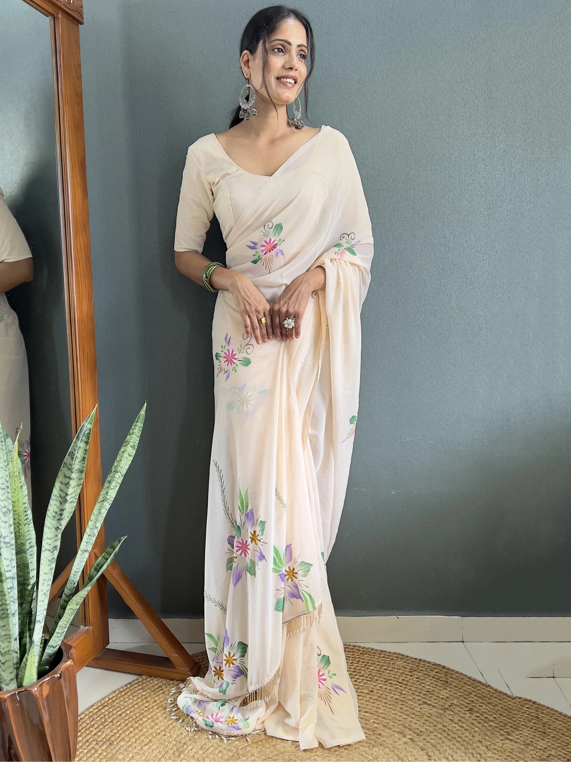 Lovely Off-White Floral Print Georgette Festival Wear Saree With Blouse - Zeel Clothing