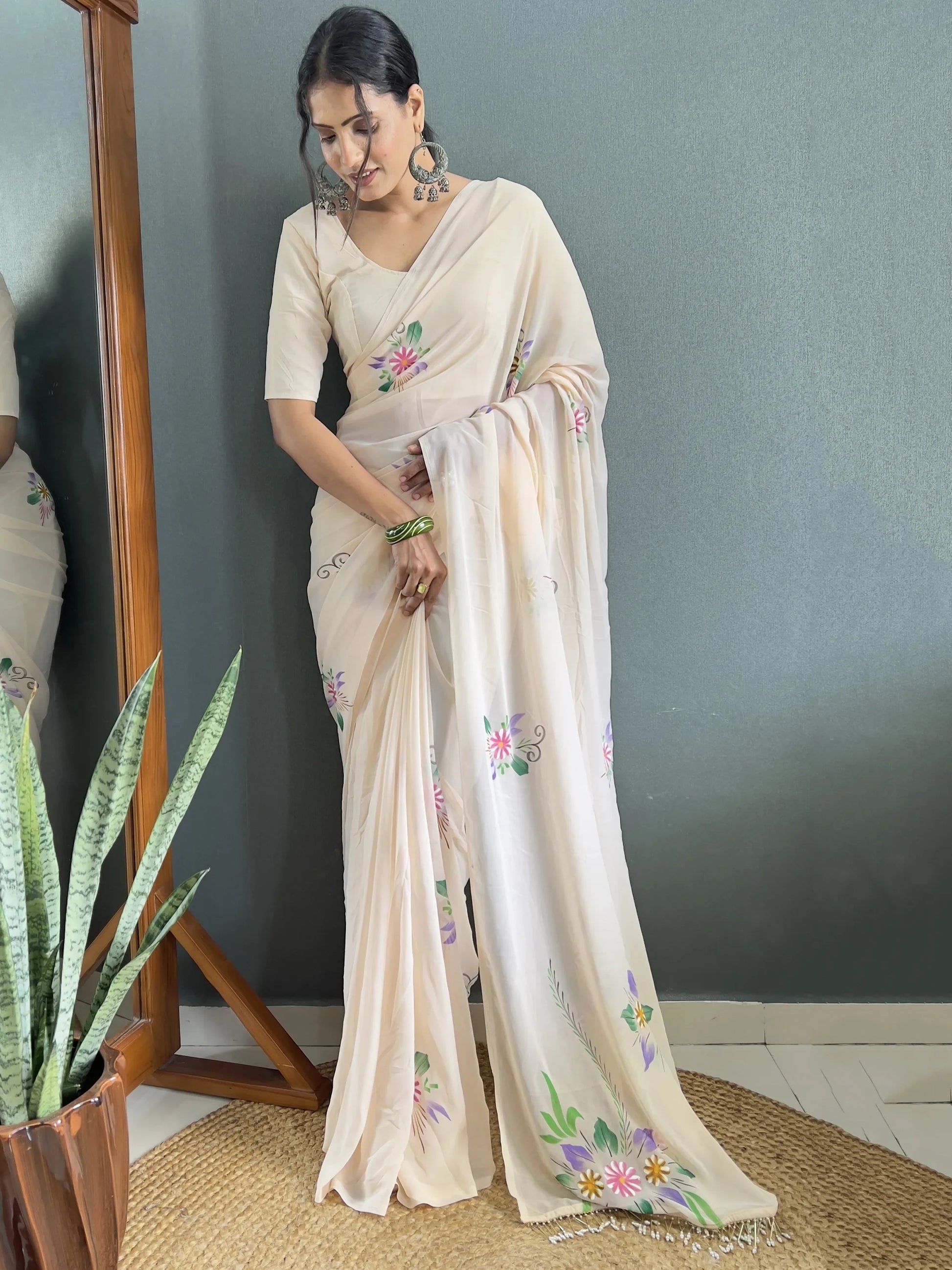 Lovely Off-White Floral Print Georgette Festival Wear Saree With Blouse - Zeel Clothing
