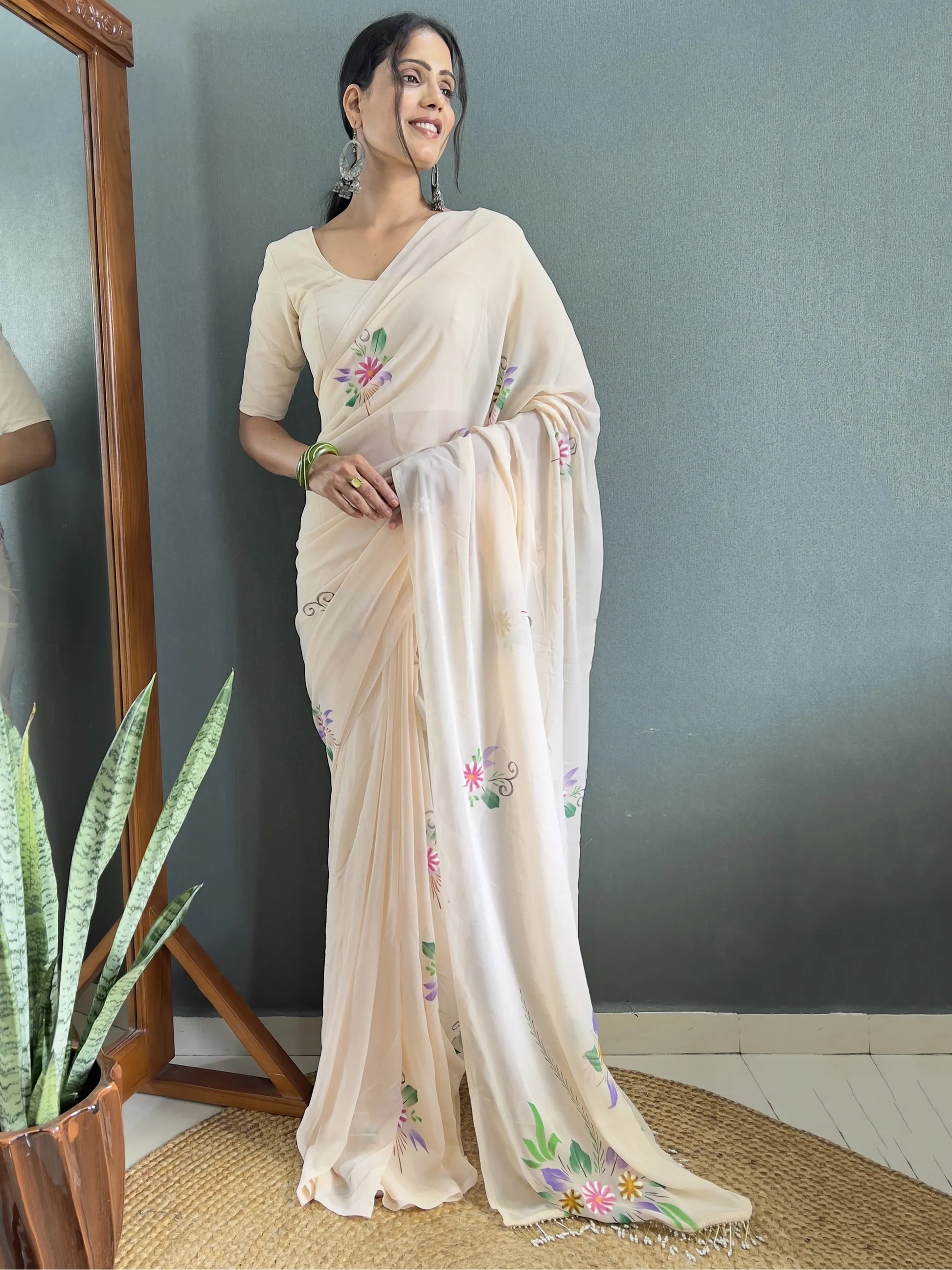 Lovely Off-White Floral Print Georgette Festival Wear Saree With Blouse - Zeel Clothing