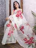Lovely Off White Floral Print Organza Designer Saree With Blouse - Zeel Clothing