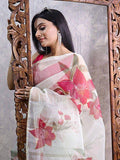 Lovely Off White Floral Print Organza Designer Saree With Blouse - Zeel Clothing