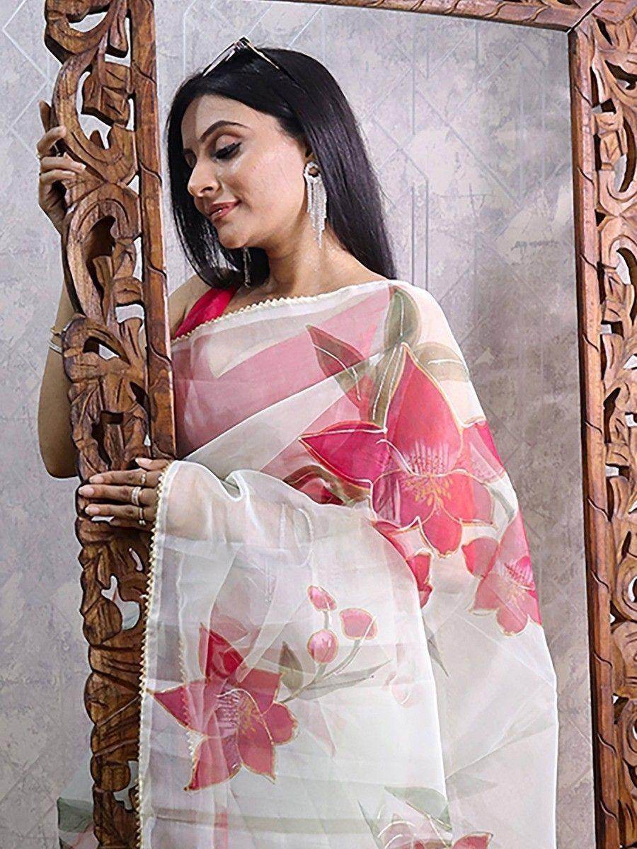 Lovely Off White Floral Print Organza Designer Saree With Blouse - Zeel Clothing