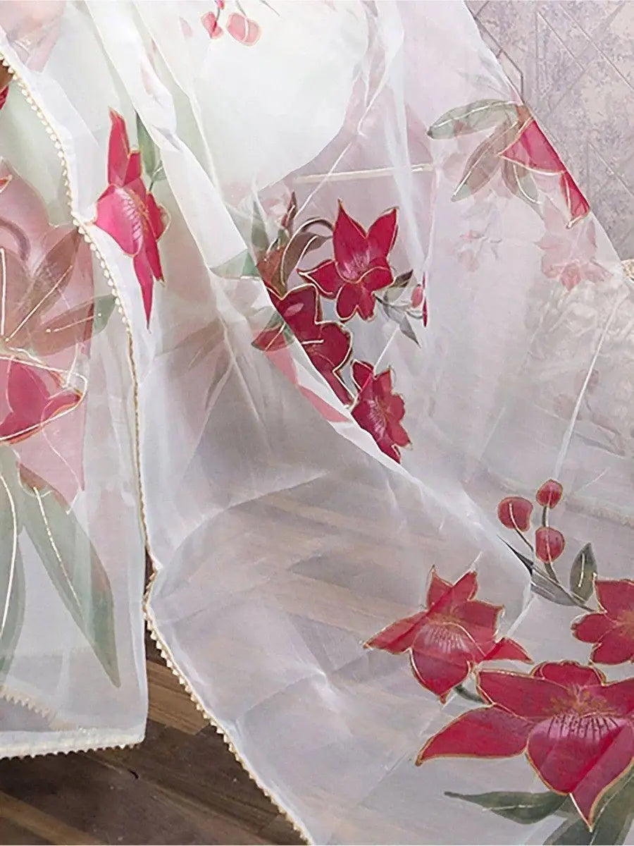 Lovely Off White Floral Print Organza Designer Saree With Blouse - Zeel Clothing