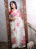 Lovely Off White Floral Print Organza Designer Saree With Blouse - Zeel Clothing