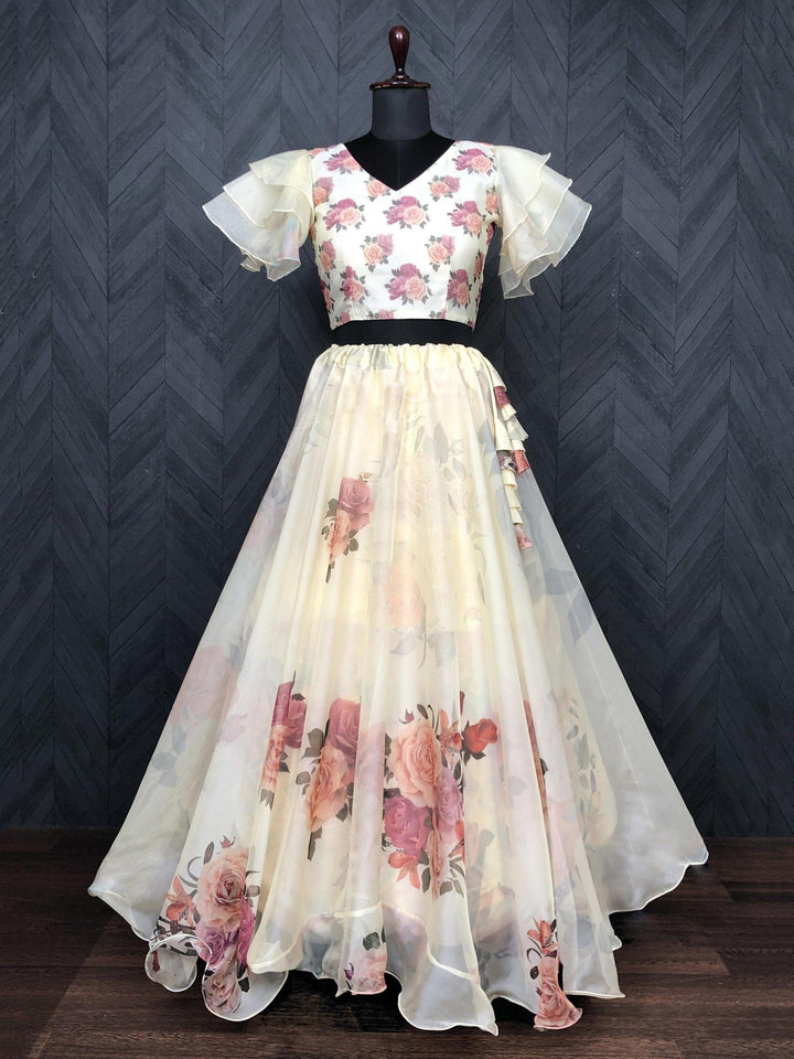 Lovely Off-White Floral Printed Organza Festival Wear Crop Top Lehenga