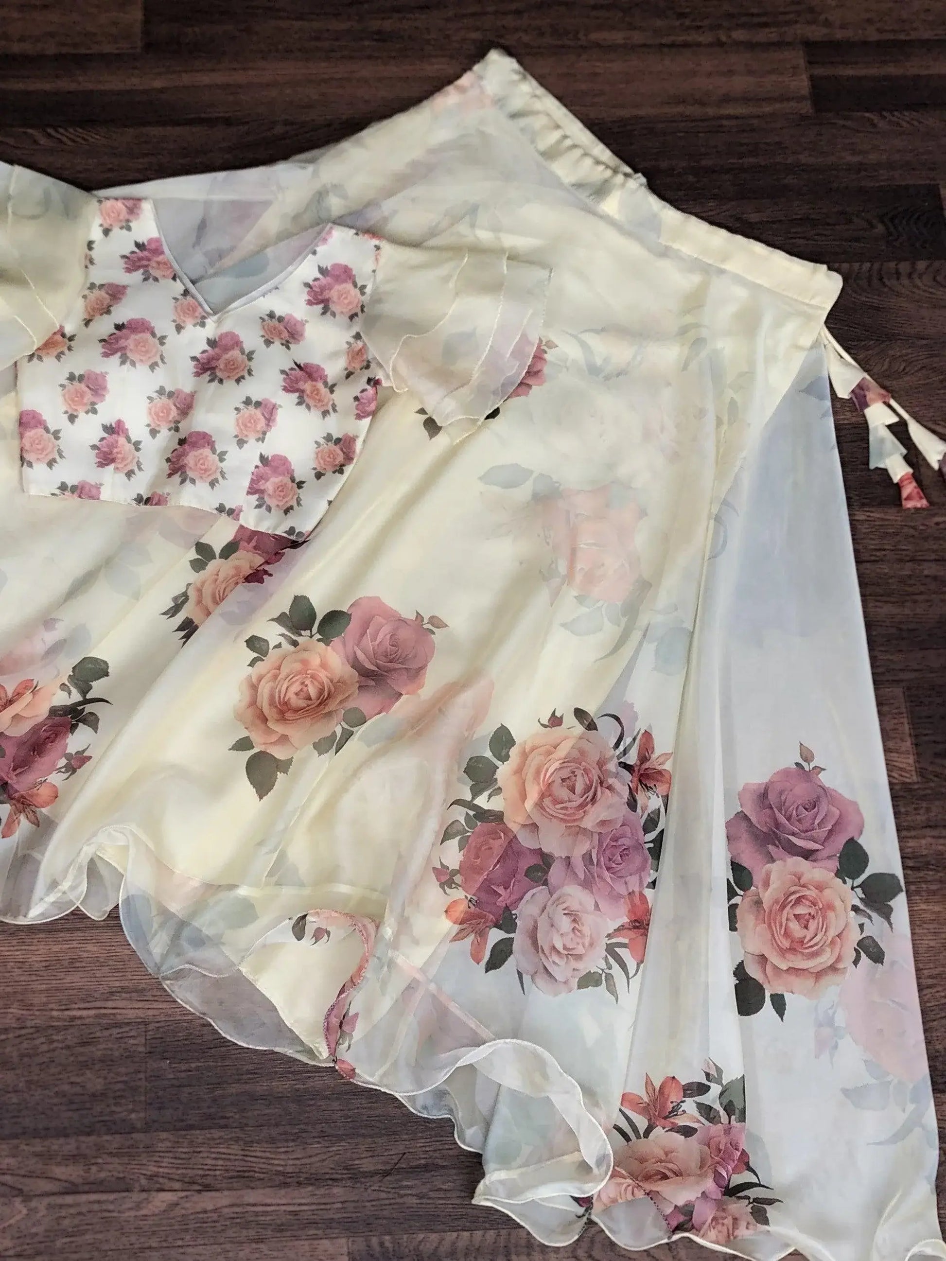 Lovely Off-White Floral Printed Organza Festival Wear Crop Top Lehenga - Zeel Clothing