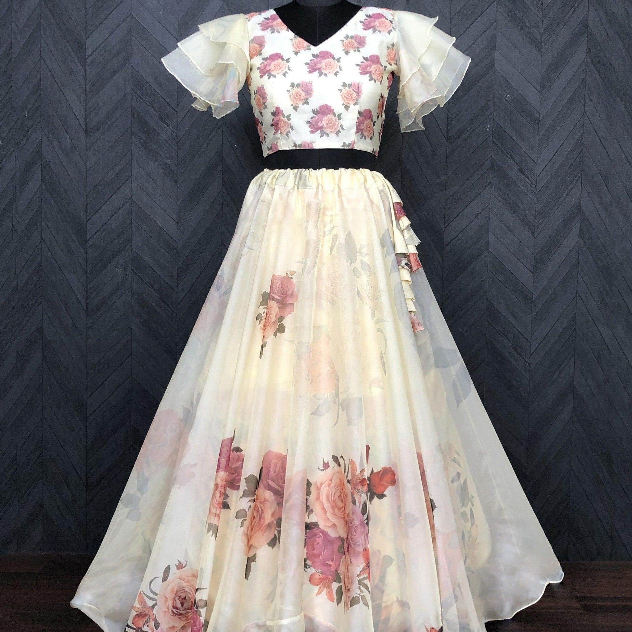 Lovely Off-White Floral Printed Organza Festival Wear Crop Top Lehenga - Zeel Clothing