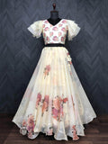 Lovely Off-White Floral Printed Organza Festival Wear Crop Top Lehenga - Zeel Clothing