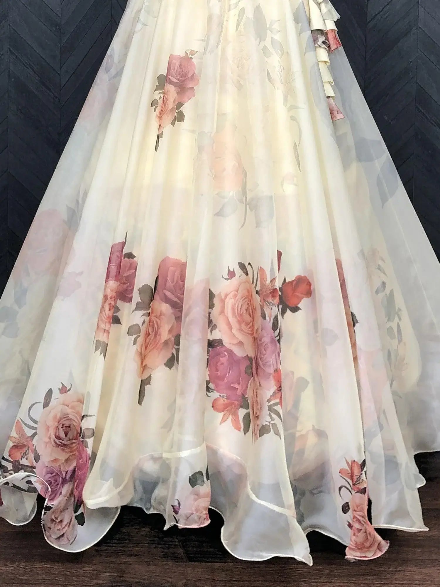 Lovely Off-White Floral Printed Organza Festival Wear Crop Top Lehenga - Zeel Clothing