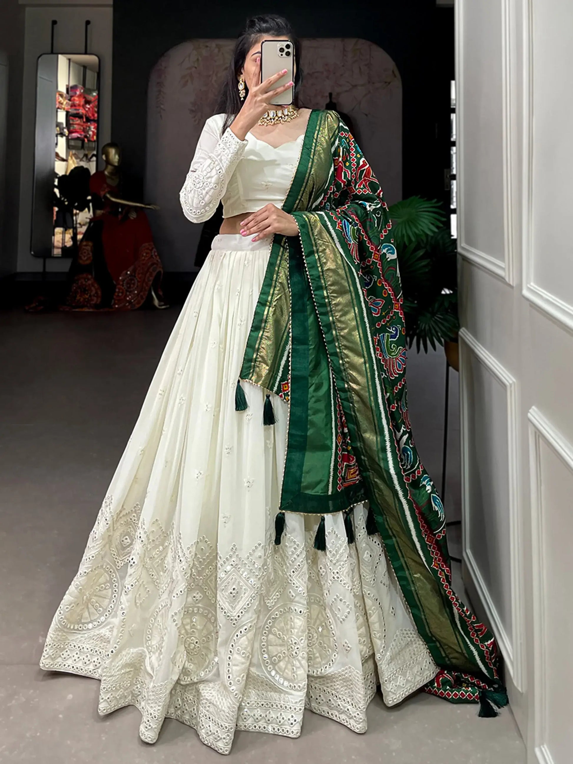 Lovely Off-White Mirror Work Georgette Traditional Lehenga Choli - Zeel Clothing