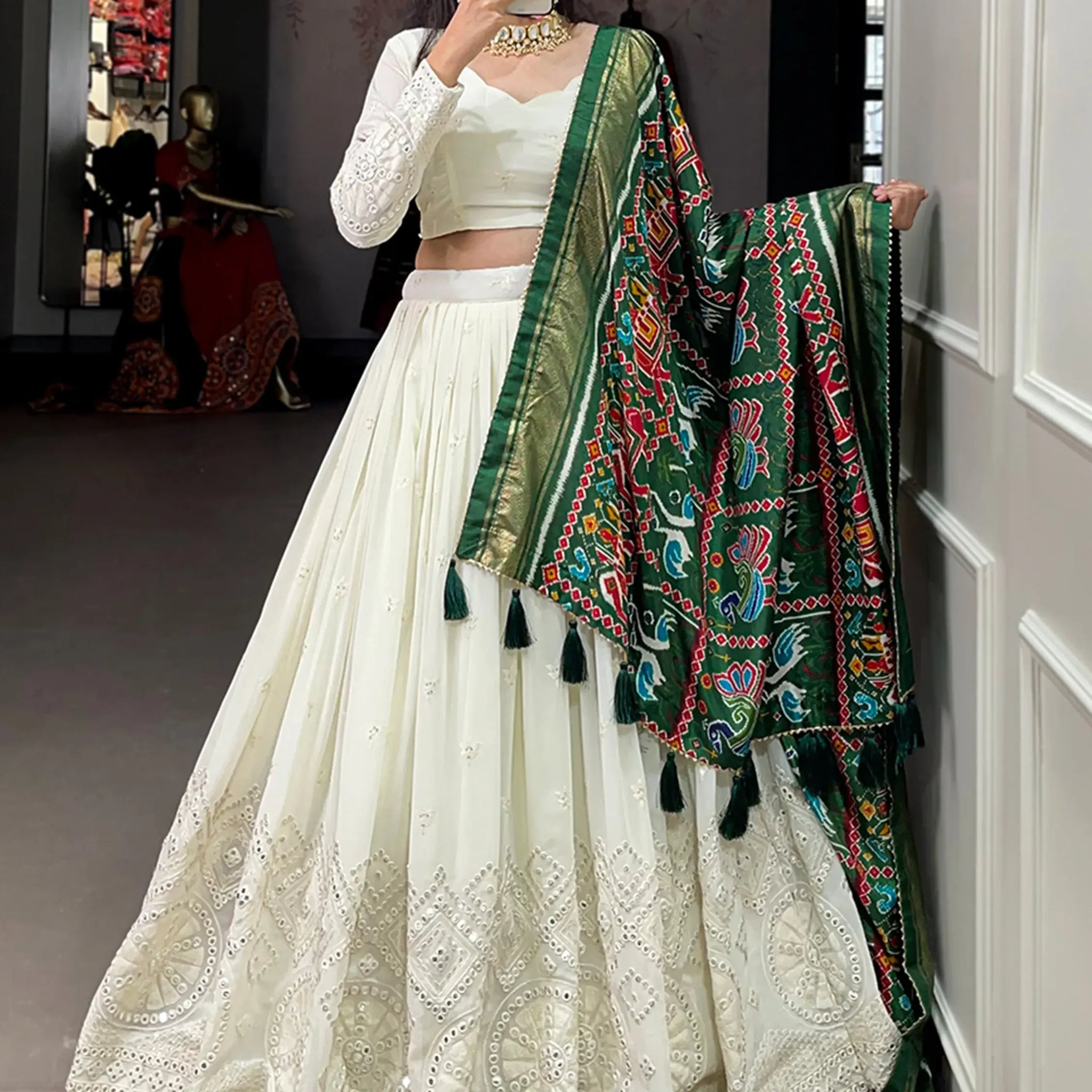 Lovely Off-White Mirror Work Georgette Traditional Lehenga Choli - Zeel Clothing