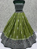 Lovely Olive Green Mirror Work Georgette Lehenga Choli With Dupatta