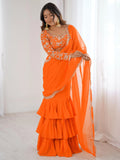 Lovely Orange Georgette Party Wear Ruffle Lehenga Saree With Embroidered Blouse