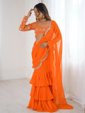 Lovely Orange Georgette Party Wear Ruffle Lehenga Saree With Embroidered Blouse