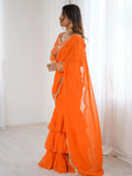 Lovely Orange Georgette Party Wear Ruffle Lehenga Saree With Embroidered Blouse