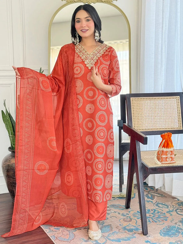 Lovely Orange Printed Rayon Festive Wear Pant Suit With Dupatta - Zeel Clothing