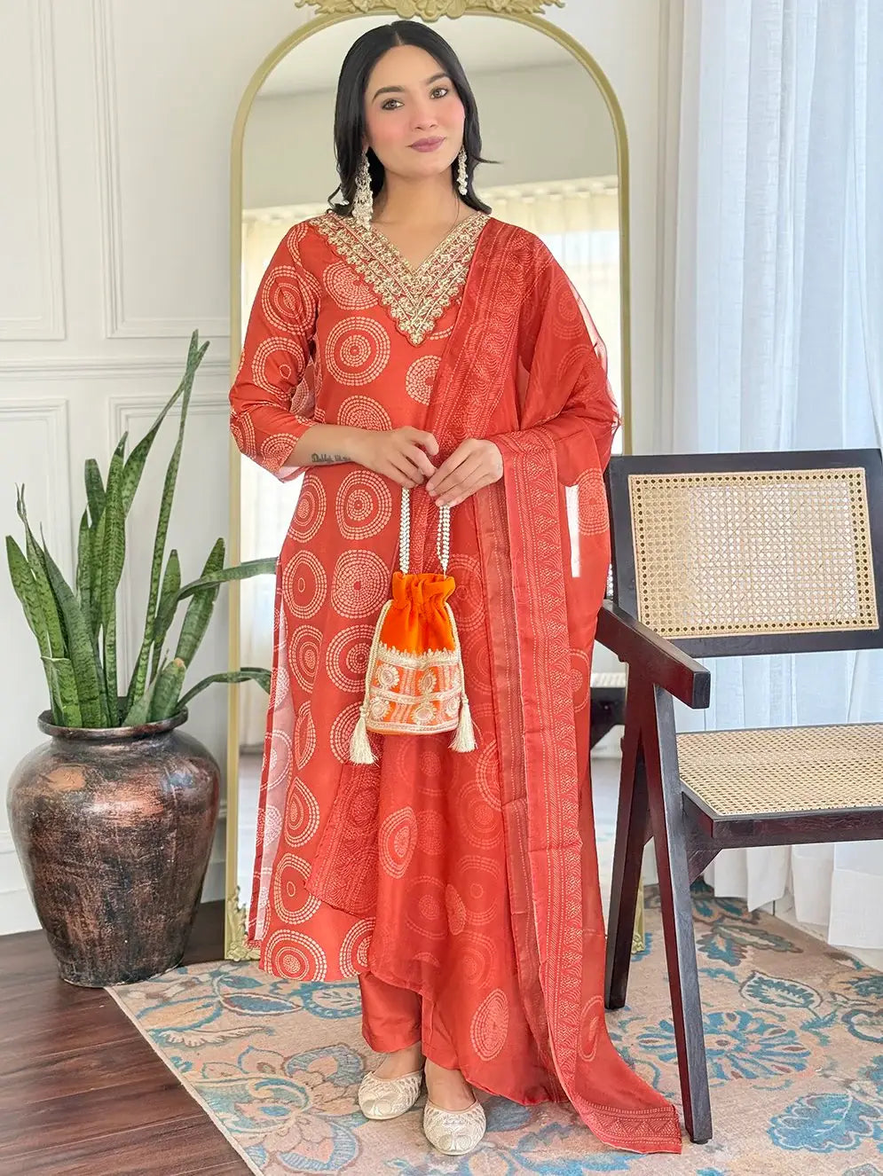 Lovely Orange Printed Rayon Festive Wear Pant Suit With Dupatta - Zeel Clothing