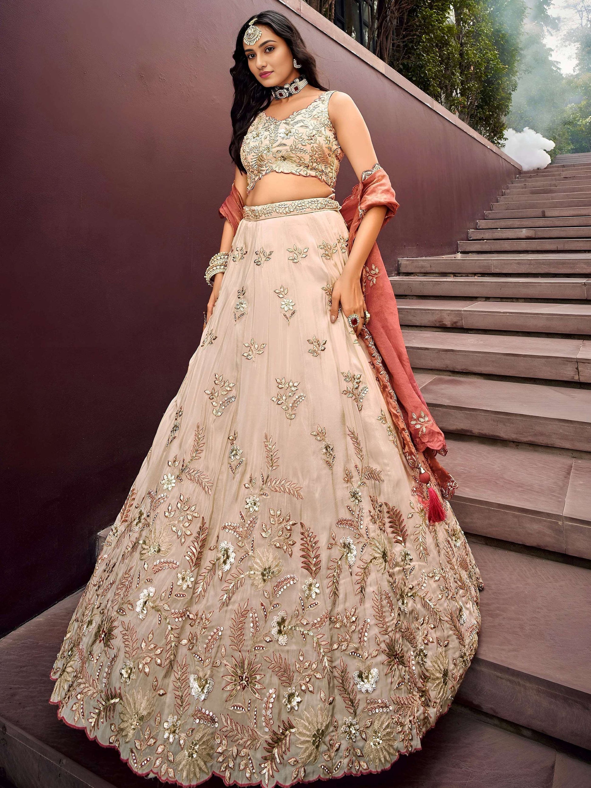 Lovely Peach Sequins Silk Bridesmaid Lehenga Choli With Dupatta