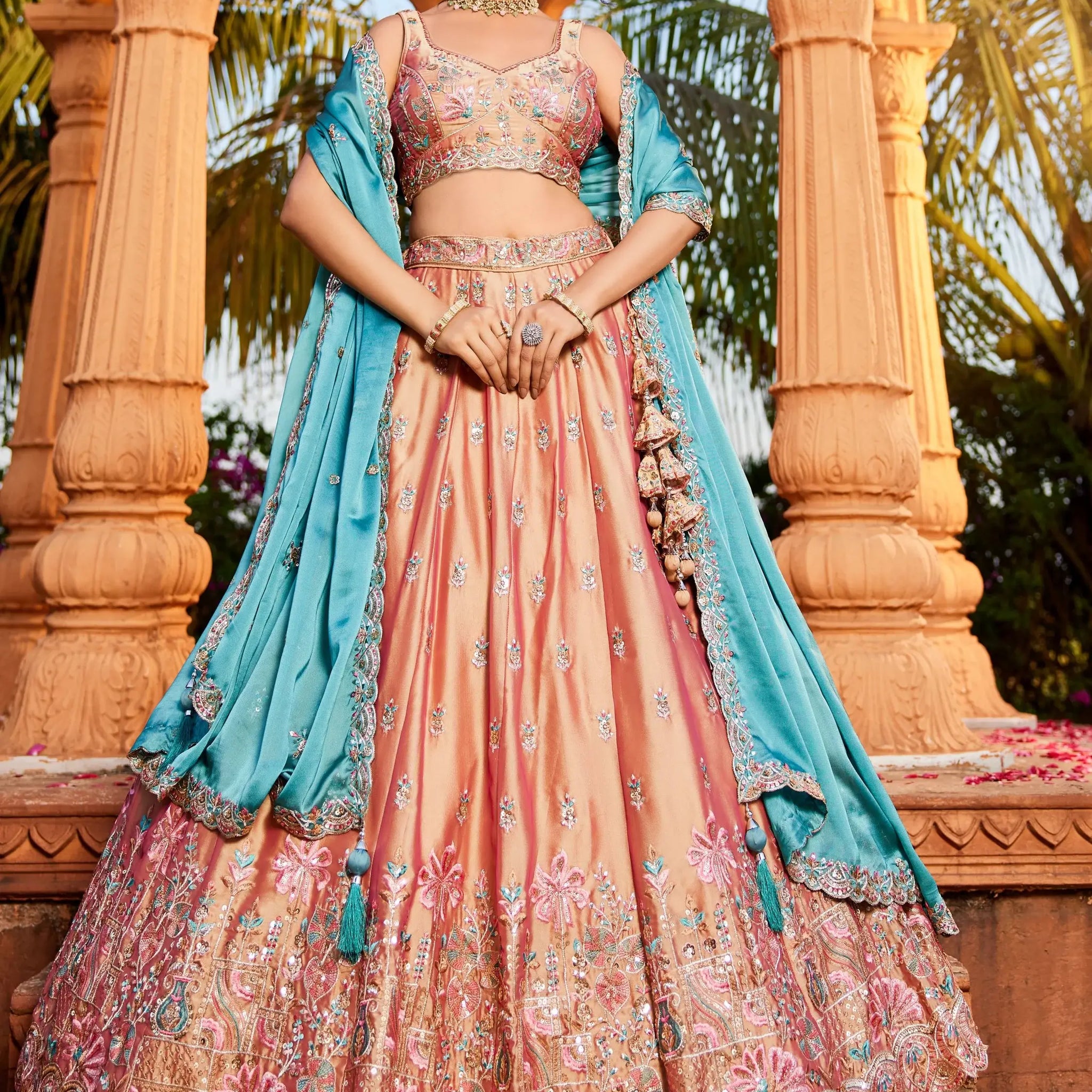 Lovely Peach Thread Work Georgette Evening Wear Lehenga Choli With Dupatta - Zeel Clothing