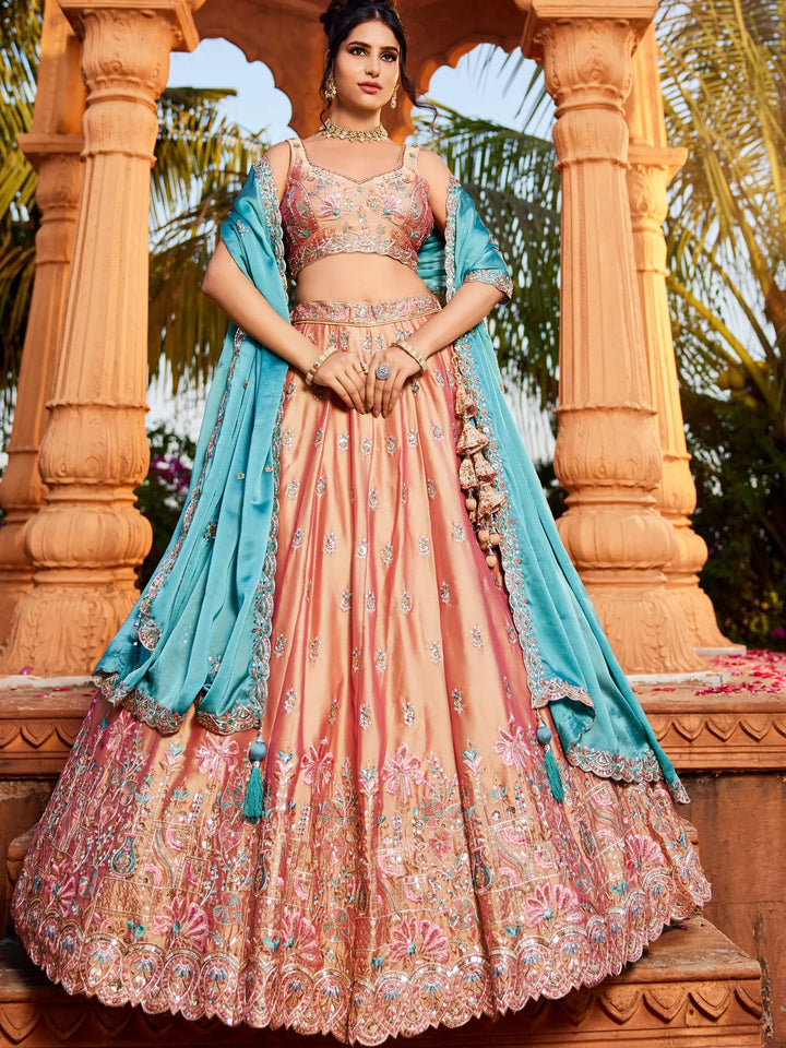 Lovely Peach Thread Work Georgette Evening Wear Lehenga Choli With Dupatta - Zeel Clothing