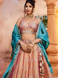 Lovely Peach Thread Work Georgette Evening Wear Lehenga Choli With Dupatta - Zeel Clothing