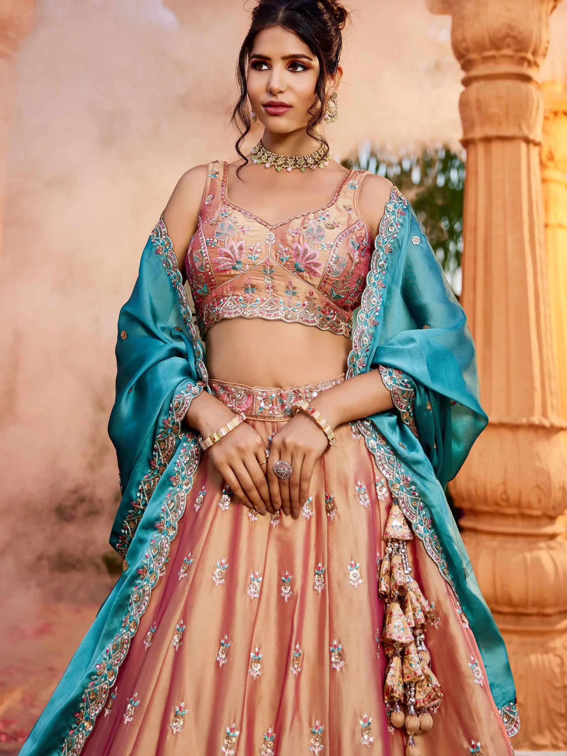 Lovely Peach Thread Work Georgette Evening Wear Lehenga Choli With Dupatta - Zeel Clothing