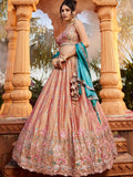 Lovely Peach Thread Work Georgette Evening Wear Lehenga Choli With Dupatta - Zeel Clothing