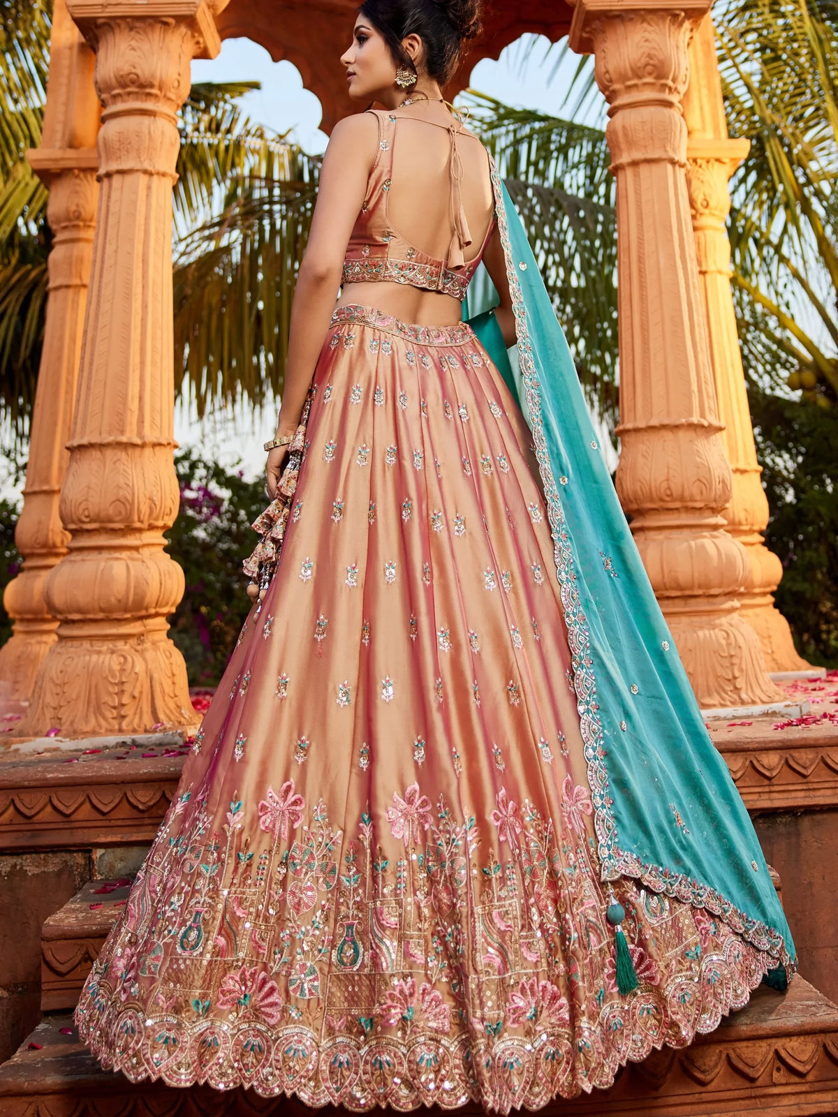 Lovely Peach Thread Work Georgette Evening Wear Lehenga Choli With Dupatta - Zeel Clothing