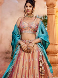 Lovely Peach Thread Work Georgette Evening Wear Lehenga Choli With Dupatta - Zeel Clothing