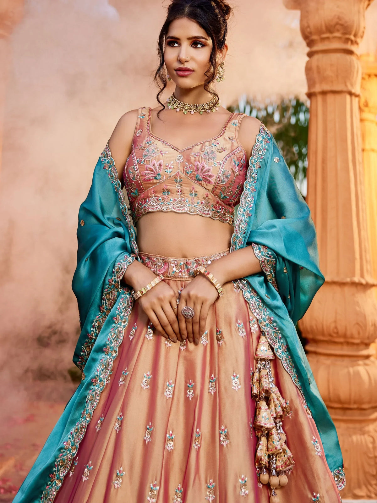 Lovely Peach Thread Work Georgette Evening Wear Lehenga Choli With Dupatta - Zeel Clothing