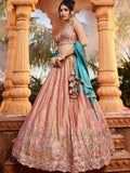 Lovely Peach Thread Work Georgette Evening Wear Lehenga Choli With Dupatta - Zeel Clothing