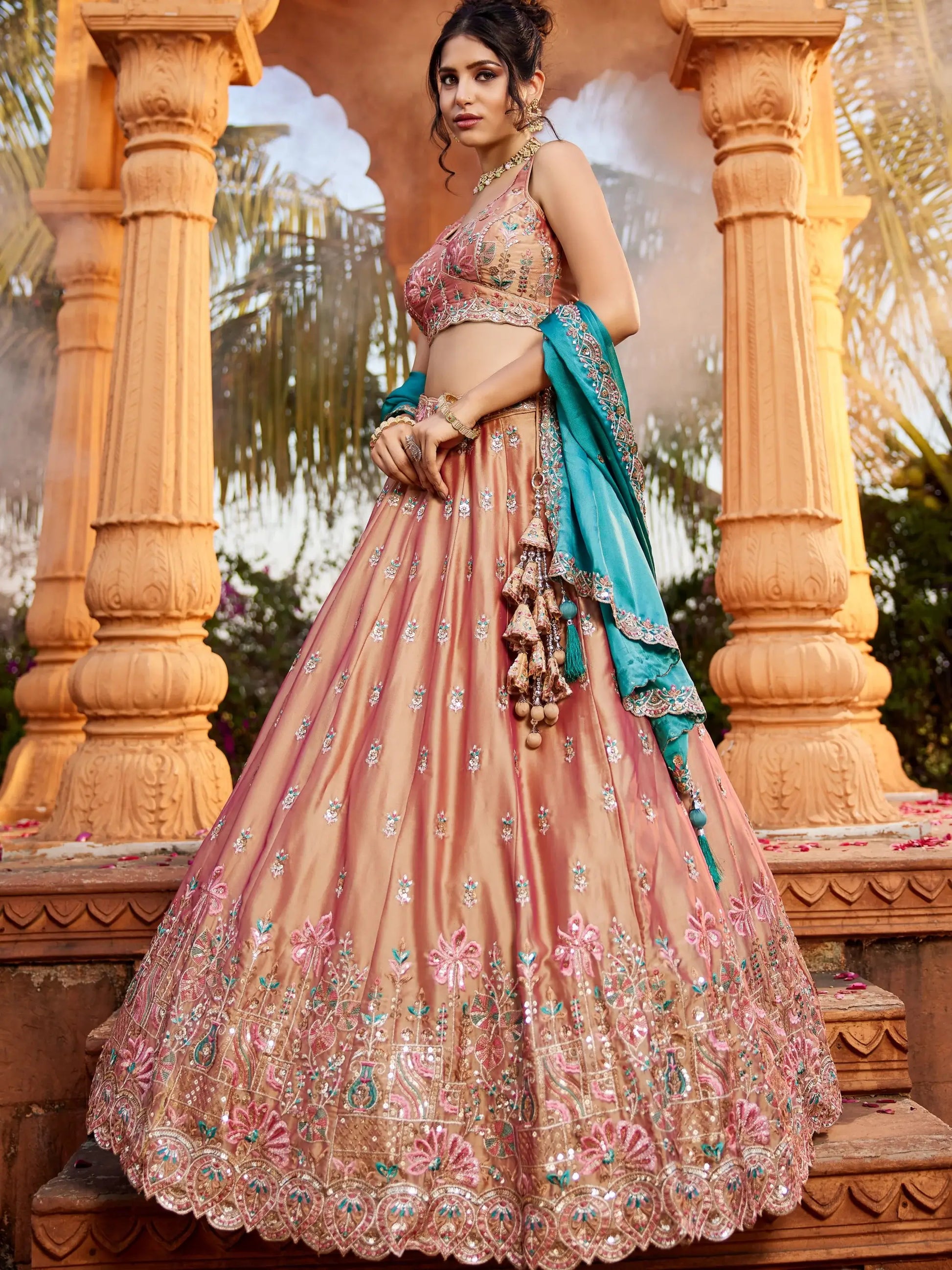 Lovely Peach Thread Work Georgette Evening Wear Lehenga Choli With Dupatta - Zeel Clothing