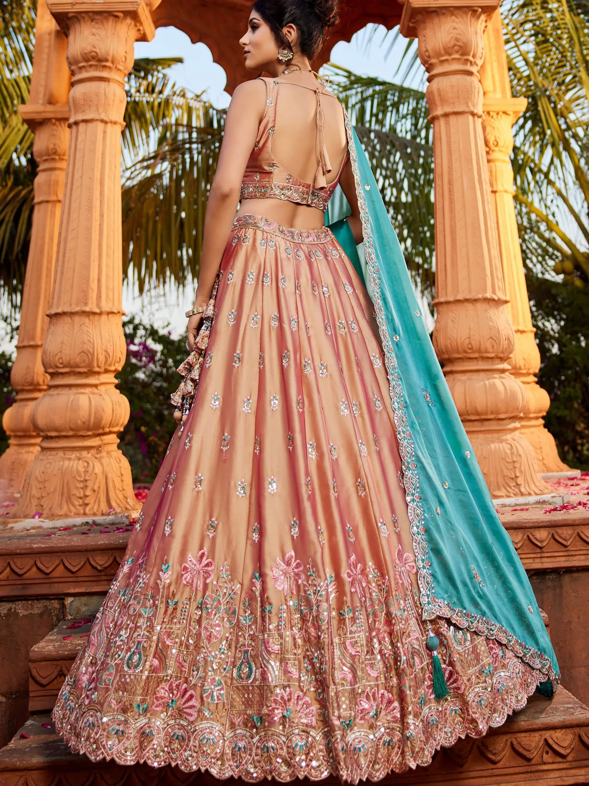 Lovely Peach Thread Work Georgette Evening Wear Lehenga Choli With Dupatta - Zeel Clothing