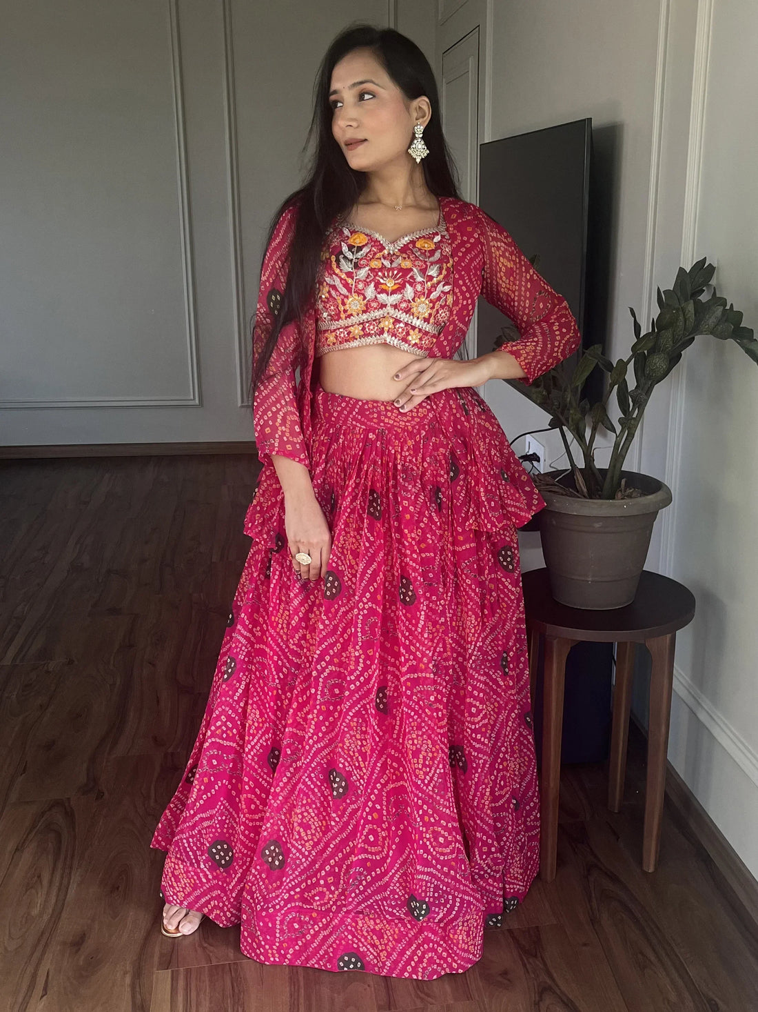 Lovely Pink Bandhani Printed Cotton Lehenga Choli With Jacket - Zeel Clothing