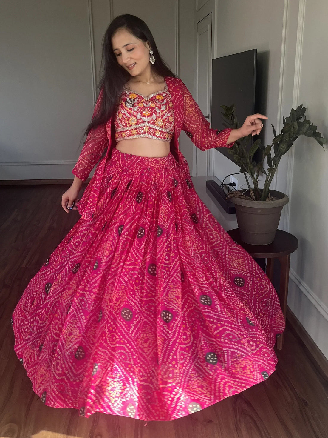Lovely Pink Bandhani Printed Cotton Lehenga Choli With Jacket - Zeel Clothing
