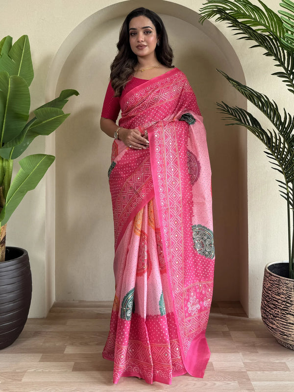 Lovely Pink Bandhni Printed Tissue Silk Casual Wear Saree With Blouse - Zeel Clothing