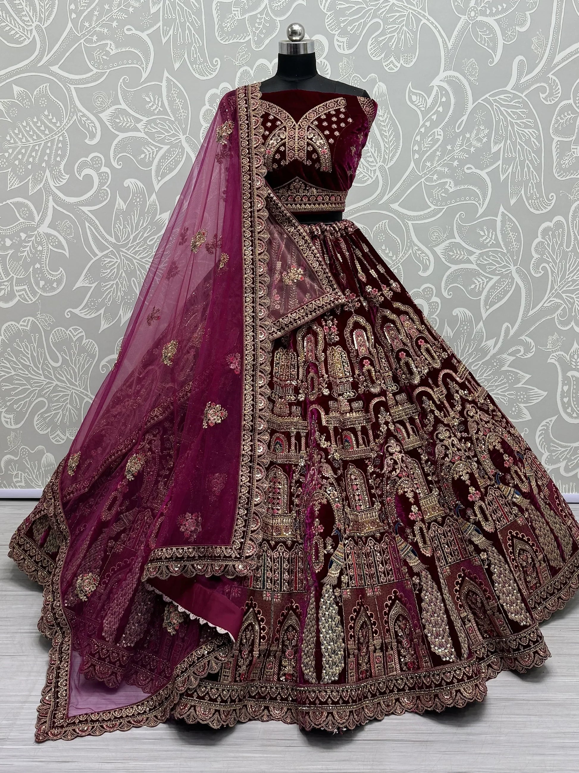 Lovely Pink Dori Work Velvet Bridal Lehenga Choli With Double Dupatta - Zeel Clothing